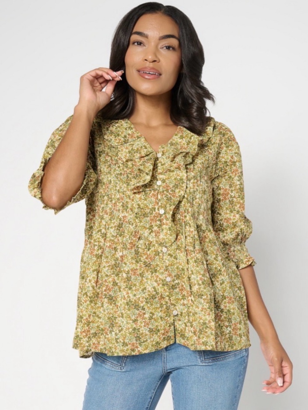 Ree by The Pioneer Woman Printed 100% Cotton Ruffle Blouse Sz Large Ditzy Olive